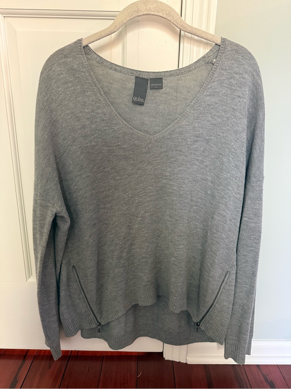 Quinn Light Gray V-Neck Knit Sweater with Zip Detail